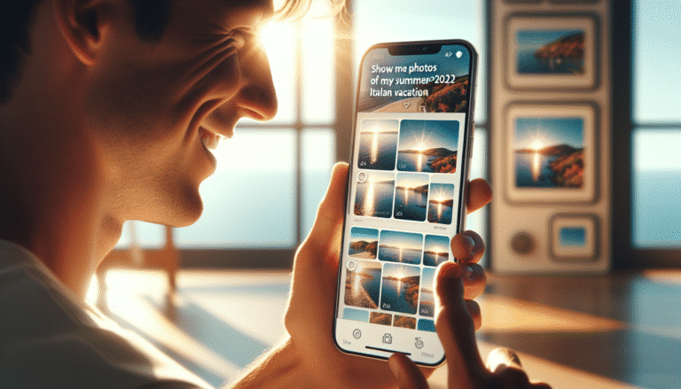 Une personne souriante et détendue, de profil, tapant une question en langage naturel "Montre-moi les photos de mes vacances d'été 2023 en Italie" sur l'interface lumineuse et épurée de Google Photos affichée sur un smartphone ou une tablette. Des vignettes de photos de voyage ensoleillées apparaissent instantanément en arrière-plan, symbolisant la rapidité et la pertinence de la recherche IA. Style lumineux et moderne.