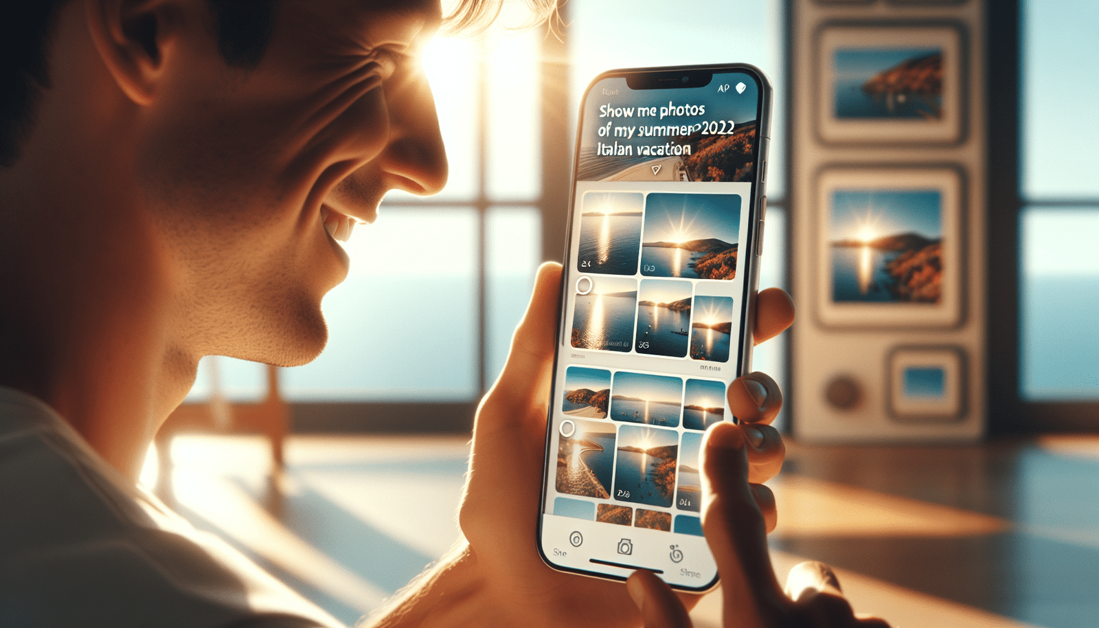 Une personne souriante et détendue, de profil, tapant une question en langage naturel "Montre-moi les photos de mes vacances d'été 2023 en Italie" sur l'interface lumineuse et épurée de Google Photos affichée sur un smartphone ou une tablette. Des vignettes de photos de voyage ensoleillées apparaissent instantanément en arrière-plan, symbolisant la rapidité et la pertinence de la recherche IA. Style lumineux et moderne.