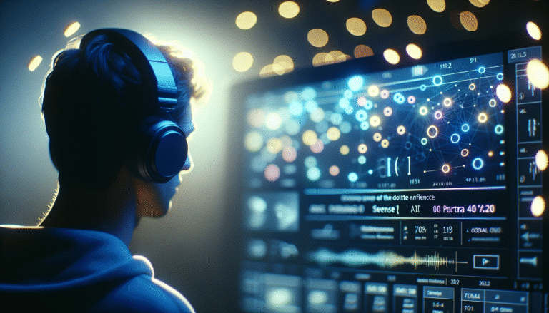 Une personne avec un casque d'écoute, l'air pensive, face à un écran lumineux où des mots et des symboles d'IA flottent. L'ambiance est futuriste et introspective, avec des tons bleus et violets, pour évoquer l'influence discrète de la technologie sur la pensée humaine.