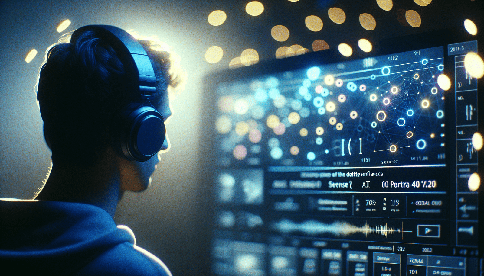 Une personne avec un casque d'écoute, l'air pensive, face à un écran lumineux où des mots et des symboles d'IA flottent. L'ambiance est futuriste et introspective, avec des tons bleus et violets, pour évoquer l'influence discrète de la technologie sur la pensée humaine.