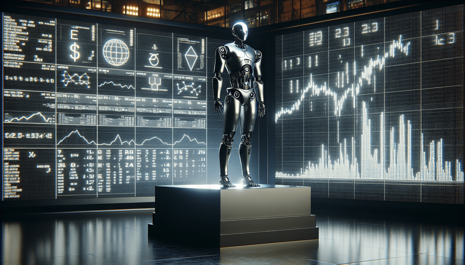 A sleek, modern humanoid robot standing confidently on a pedestal in front of a giant LED screen displaying the Shanghai Stock Exchange logo and abstract data patterns, symbolizing its pioneering IPO in mainland China. Professional, high-tech, slightly minimalist.