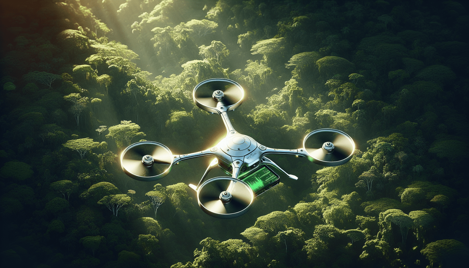 Un drone élégant et high-tech volant au-dessus d'une dense forêt amazonienne, des capteurs lumineux émettant des rayons de données analysant l'air et la végétation luxuriante. Vue aérienne, couleurs vives et verdoyantes, atmosphère scientifique et optimiste.