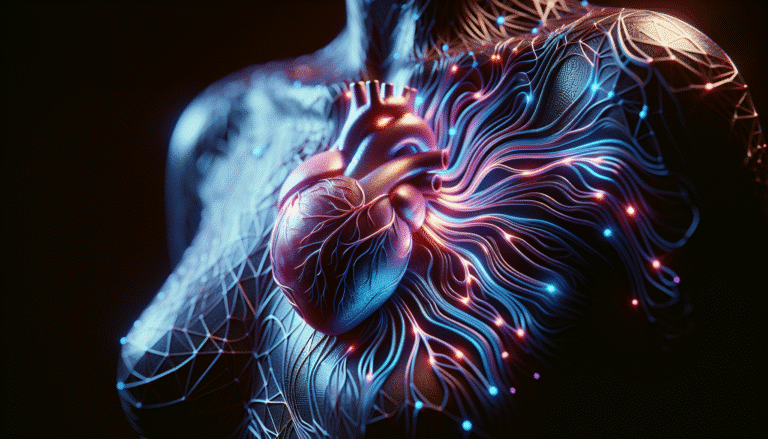 Detailed, futuristic image of a stylized human heart interconnected with glowing neural networks, symbolizing AI's integration into medical diagnostics. Emphasize precision and innovation, dark background, blue and purple light.