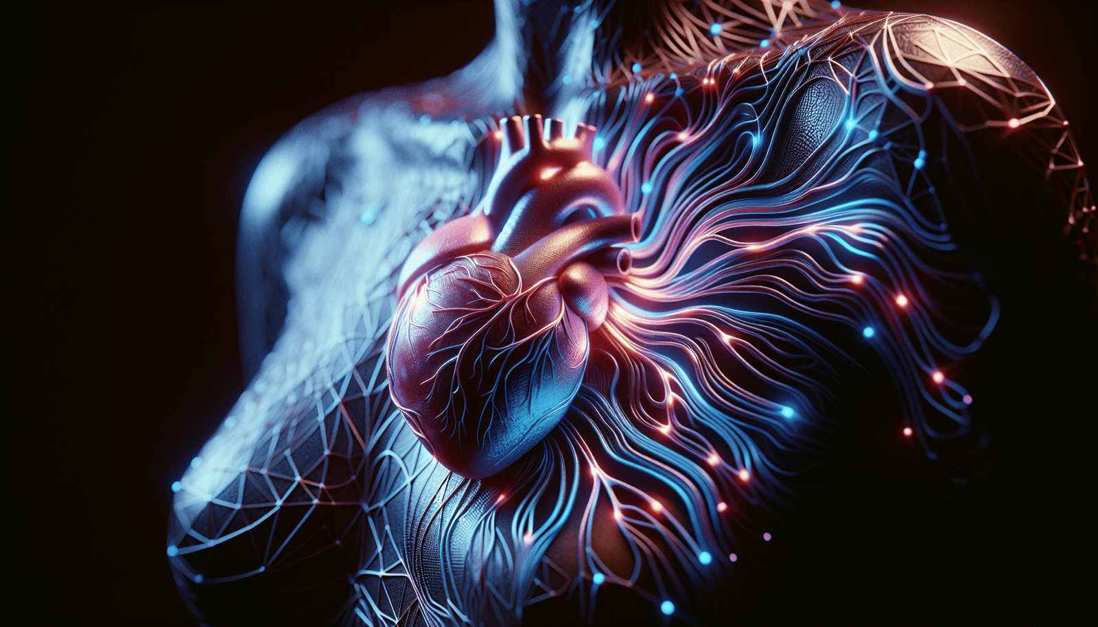 Detailed, futuristic image of a stylized human heart interconnected with glowing neural networks, symbolizing AI's integration into medical diagnostics. Emphasize precision and innovation, dark background, blue and purple light.