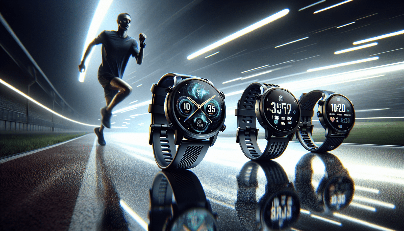A sleek, modern product shot of three high-end running smartwatches (Garmin Forerunner 970, Coros Pace 3, Apple Watch Ultra 2) displayed on a minimalist, reflective surface. Each watch face shows vibrant, detailed running metrics like pace, heart rate, and GPS map. The background is a blurred, dynamic image of a runner on a track. Style: high-tech, clean, product photography, studio lighting.