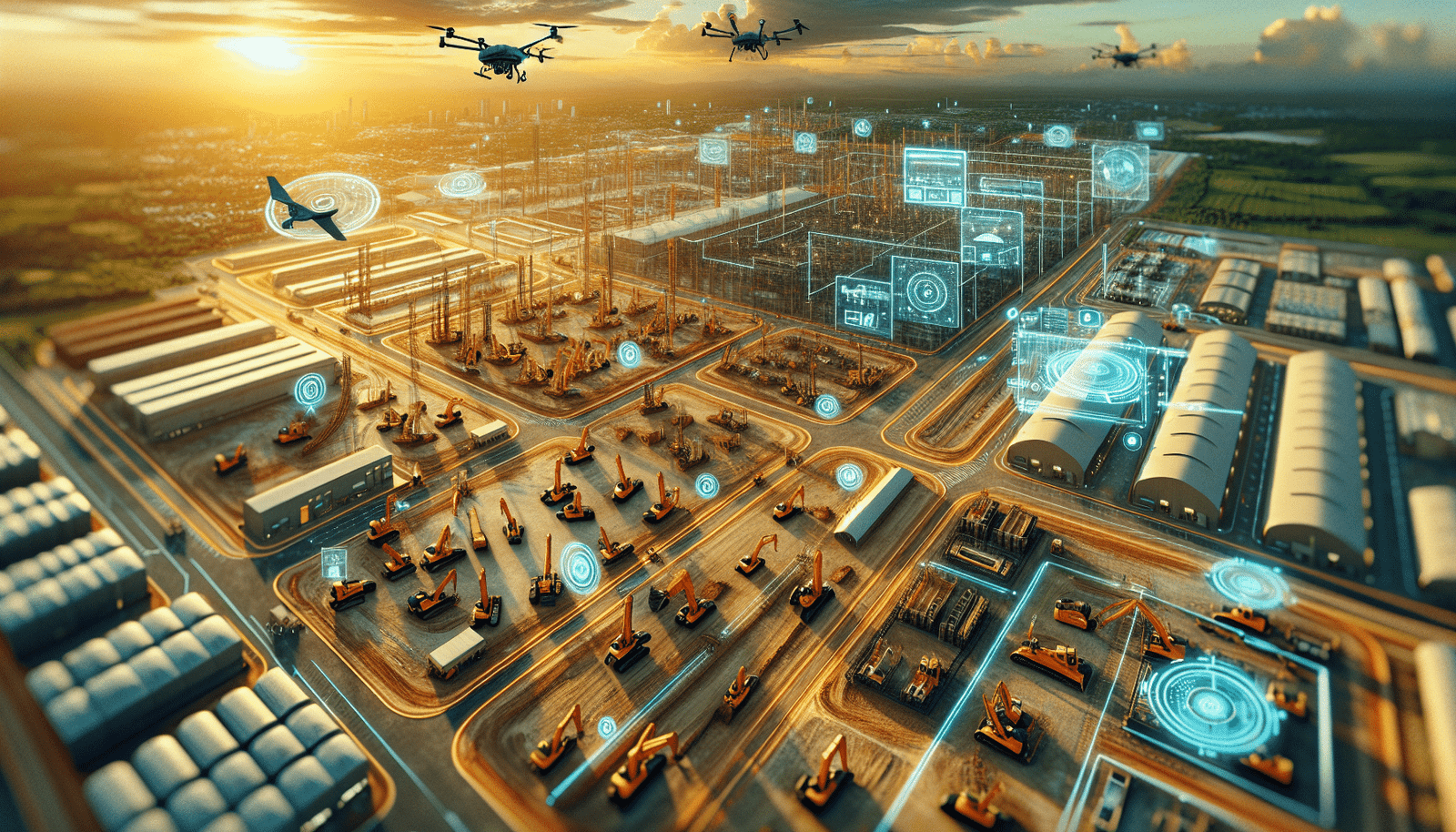 Une vue aérienne dynamique d'un grand chantier de construction moderne, où l'on voit plusieurs engins lourds autonomes (excavateurs, bulldozers) travaillant en parfaite harmonie. Le site est propre et organisé, avec des drones de surveillance aérienne et une interface utilisateur transparente superposée pour montrer l'efficacité du système. Couleurs vives et futuristes.