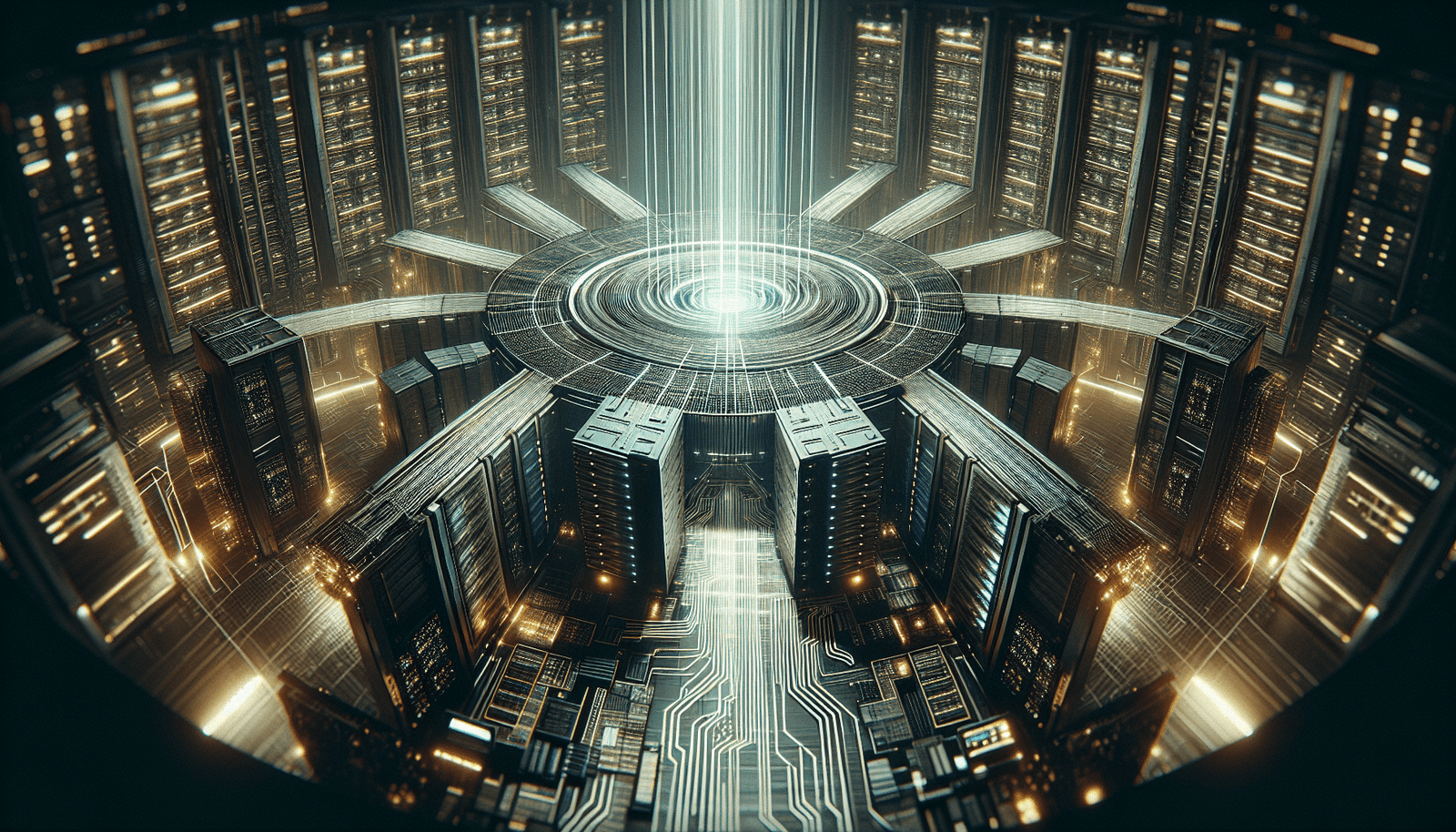 Abstract representation of a futuristic data center: glowing server racks, intricate network cables, and lines of code, with subtle energy elements (like a glowing core) in the background, symbolizing massive computational power and sustainable energy. Dark, moody, high-tech, digital art.