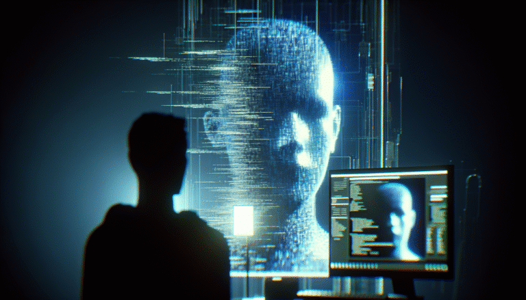 Une silhouette sombre et abstraite se tenant devant un écran d'ordinateur, des lignes de code et des images floues de visages défilant rapidement, symbolisant la menace des deepfakes et la manipulation d'images personnelles. Style sombre et futuriste, couleurs froides, éclairage dramatique, lumière bleue prédominante.