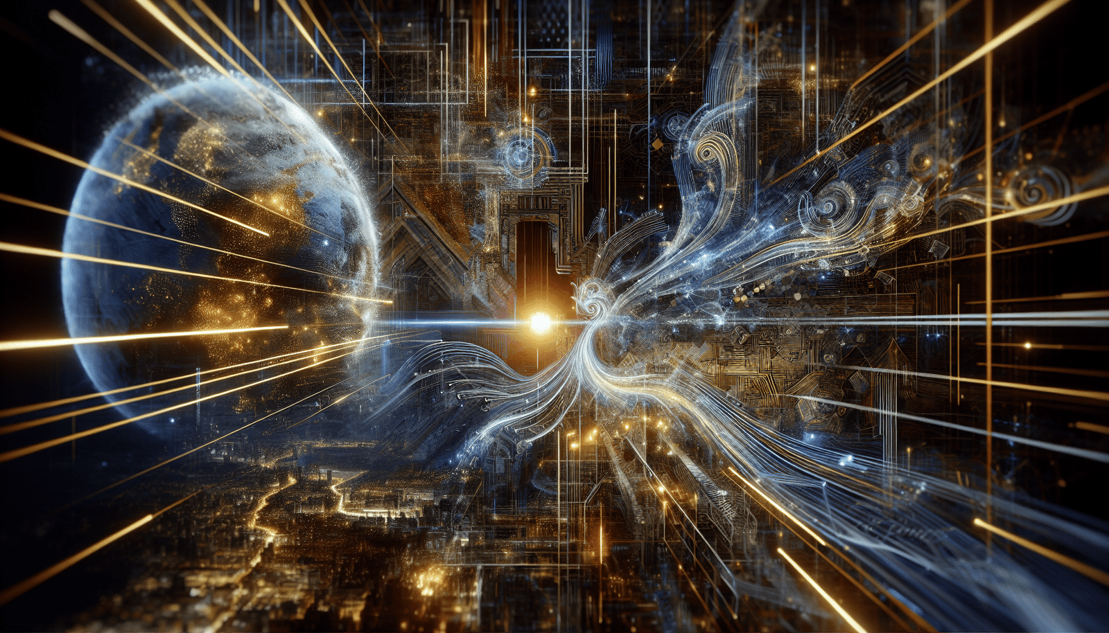 Une représentation abstraite et dynamique de la compétition mondiale en IA. Des lignes lumineuses et interconnectées convergent vers un centre symbolisant l'innovation, avec des nuances de bleu et d'or. Des éléments discrets de la Grande Muraille ou des motifs chinois pourraient être intégrés subtilement, mais l'image doit rester globale et futuriste. Style numérique, haute technologie, énergie cinétique.