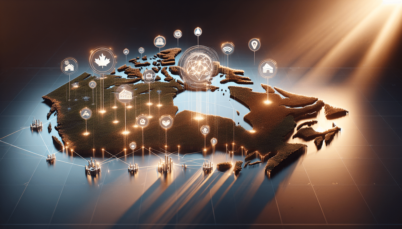 Des faisceaux lumineux connectant des icônes représentant la santé, l'agriculture durable, la cybersécurité et l'industrie 4.0, sur fond de carte du Québec stylisée. Des symboles d'argent et de données flottent autour, illustrant l'investissement et la technologie. Style futuriste, propre et engageant.