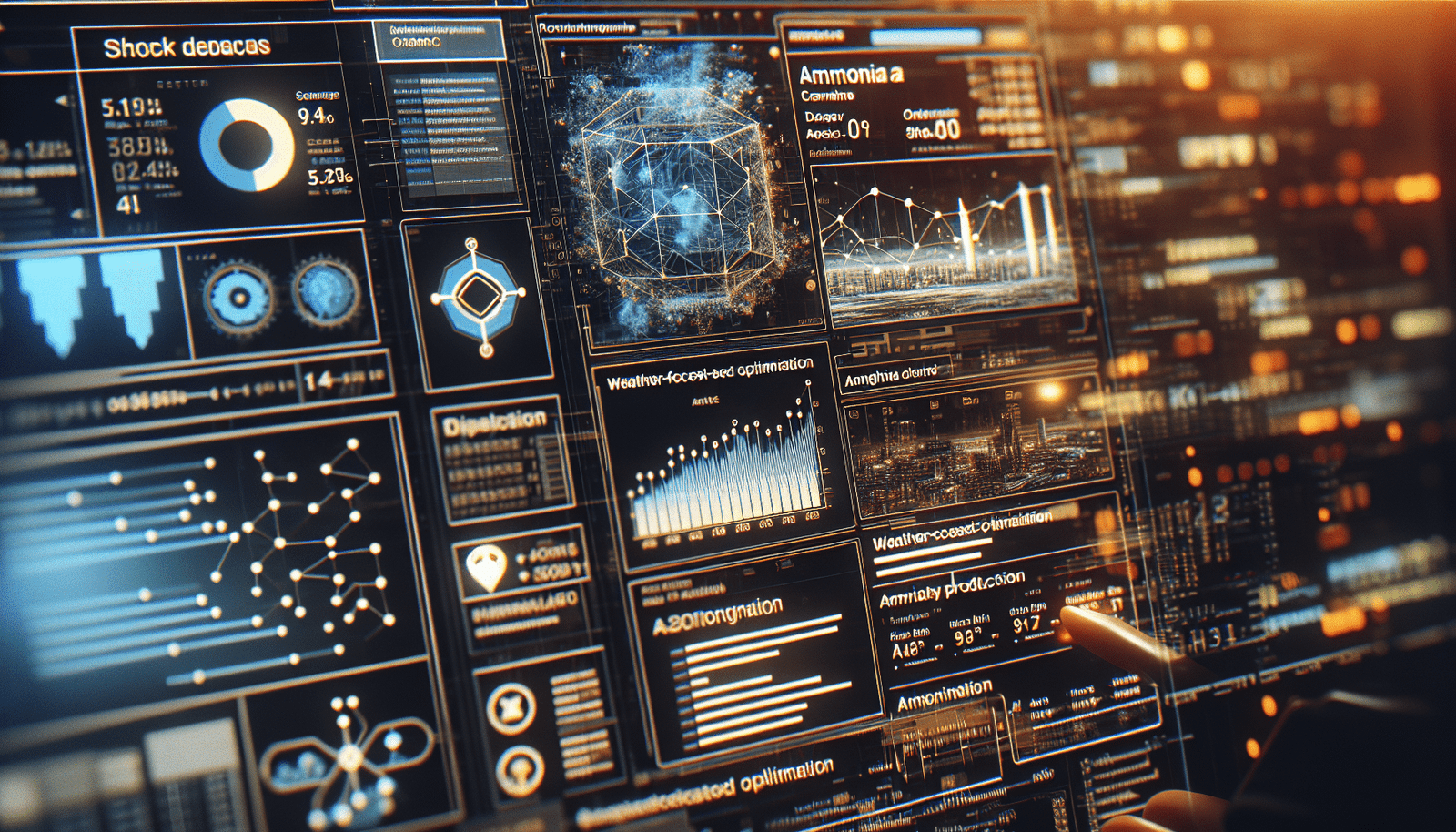 Une interface graphique futuriste montrant des données en temps réel de production d'ammoniac, avec des graphiques d'optimisation basés sur les prévisions météorologiques. Des lignes de code et des circuits imprimés numériques sont visibles en arrière-plan, symbolisant l'IA. Ambiance tech, couleurs vives, profondeur de champ.