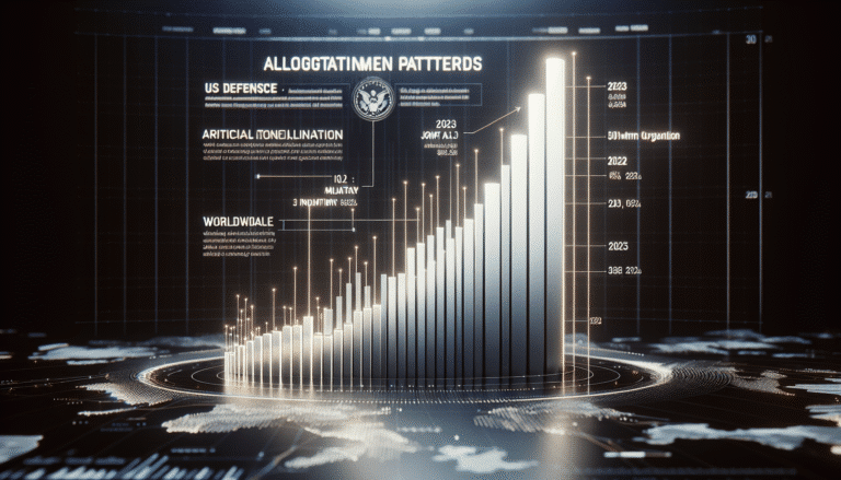 Detailed infographic showing a rising bar chart of US defense budget allocated to AI, with specific figures for JAIC (2023 vs 2025) and global military AI investments. The style is futuristic, clean lines, professional data visualization with subtle glow effects.