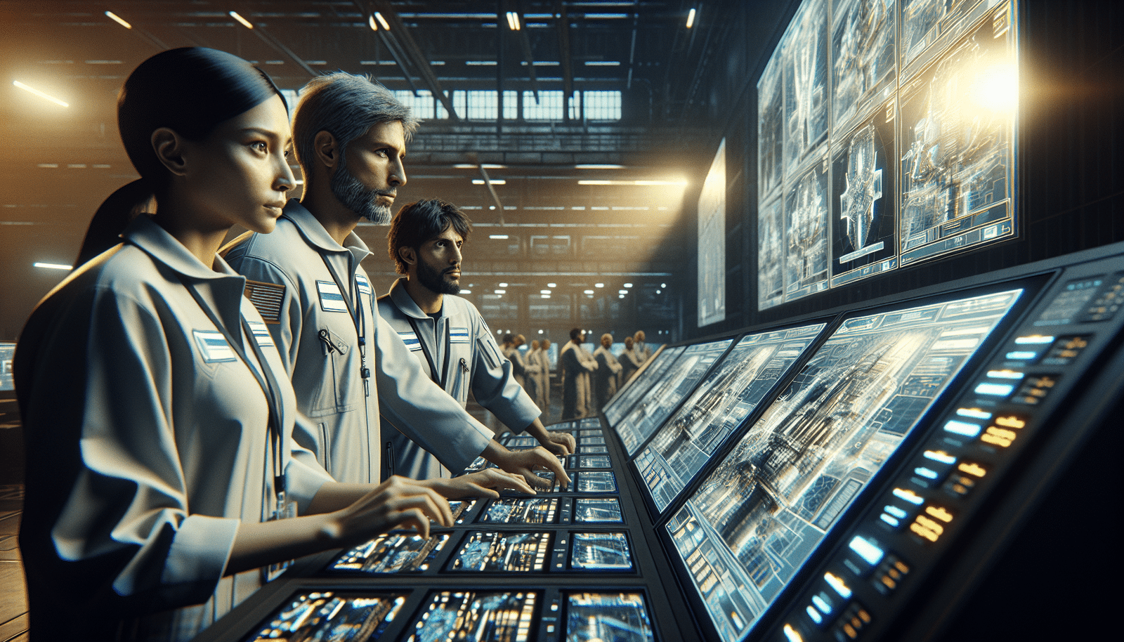 Ingénieurs devant des écrans de contrôle futuristes testant des composants aérospatiaux, avec des visualisations 3D de données complexes générées par l'IA. Ambiance de laboratoire high-tech, précision et innovation.