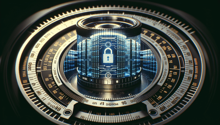 Un cyber-bouclier numérique stylisé protégeant un datacenter futuriste, avec des symboles de cadenas et de flux de données sécurisés, ambiance high-tech et mystérieuse.