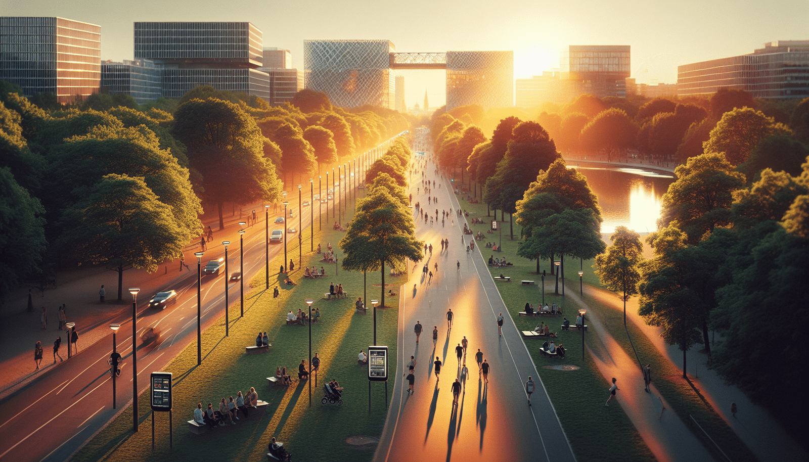 A vibrant, green city park with people enjoying leisure activities, a contrast to a smart road in the background with minimal traffic, symbolizing improved urban quality of life thanks to AI traffic management. Sunny day, modern architecture, sense of calm and efficiency.