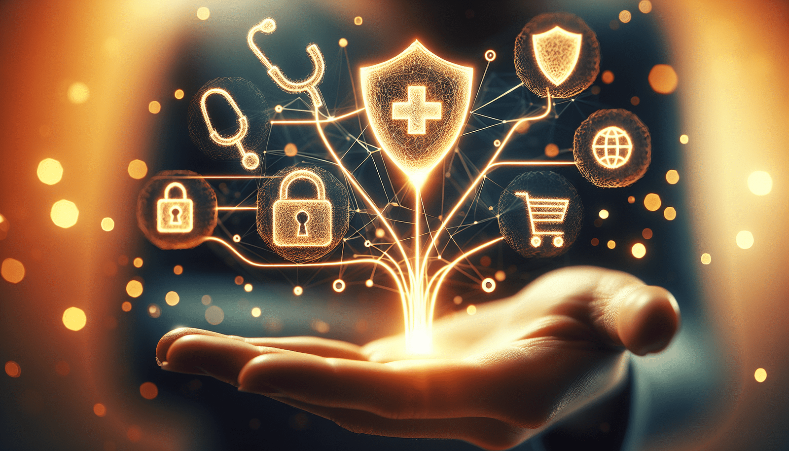 Une composition visuelle où des icônes stylisées représentant la santé (stéthoscope), la cybersécurité (bouclier cadenas) et le commerce (panier d'achat) sont interconnectées par des fils de lumière numérique, émanant d'une base technologique stable et lumineuse. Ambiance dynamique et innovante.