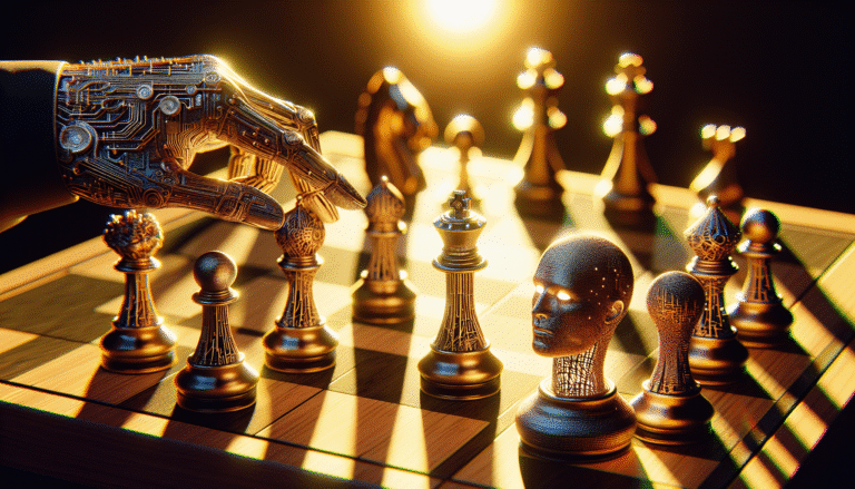 Dynamic image of a chessboard with pieces representing tech giants (Meta, OpenAI, Google), focusing on one piece labeled "Meta" strategically capturing another labeled "OpenAI," symbolizing the talent war in AI, with bright, futuristic lighting.