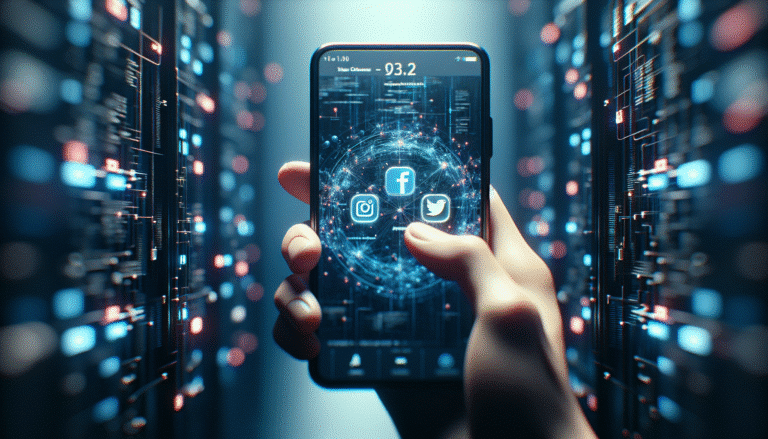 Une main humaine tenant un smartphone affichant les logos de Facebook et Instagram, avec des lignes de code IA et des données personnelles qui s'échappent en arrière-plan sous forme de flux lumineux. Le tout dans une ambiance futuriste bleutée, symbolisant la collecte de données massive et interconnectée.