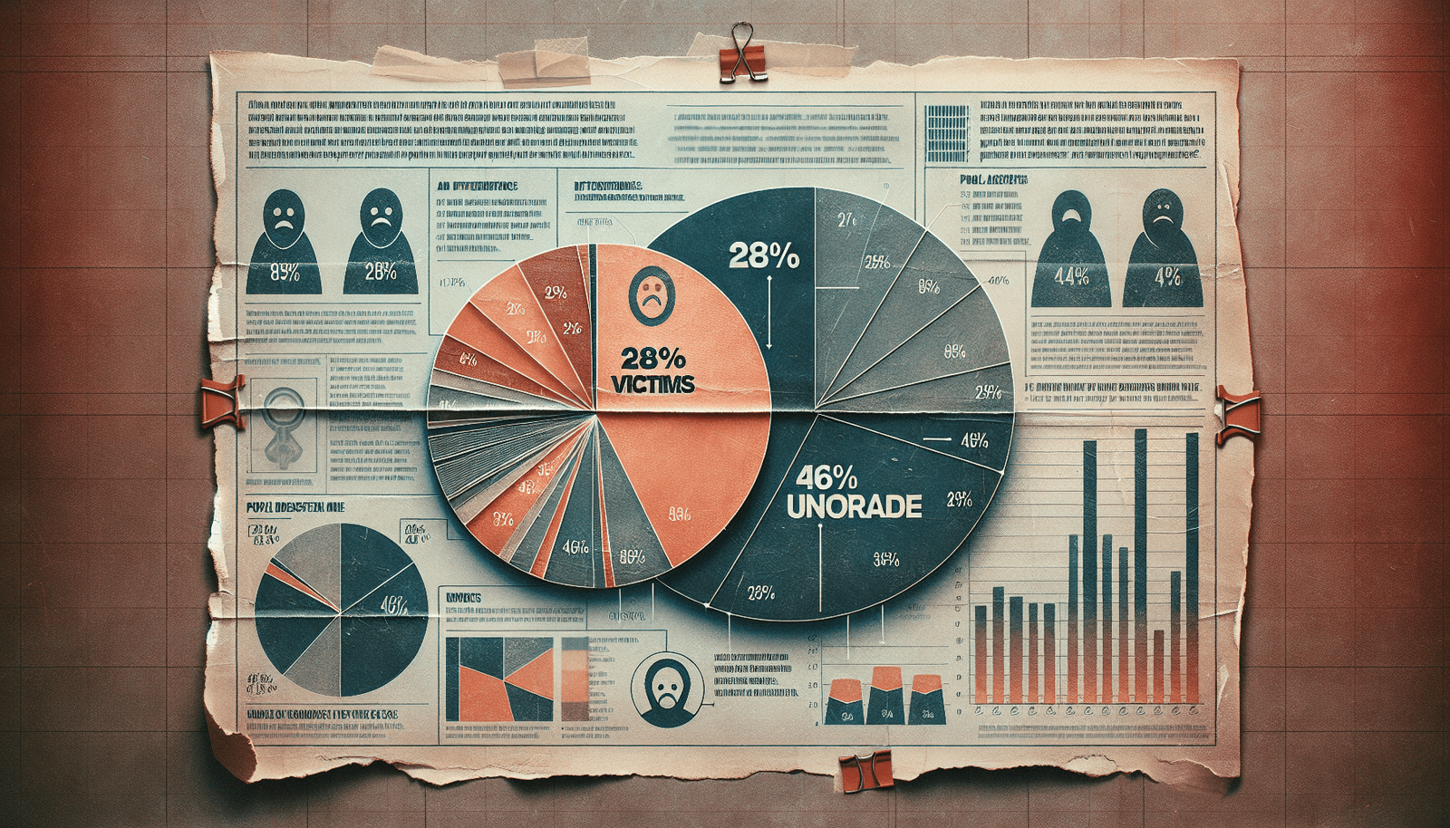 An infographic-style illustration showing two overlapping pie charts or bar graphs. One section highlights "28% Victims" with a worried face emoji, and another "46% Unaware" with a confused face emoji. The background is a subtle data pattern, emphasizing statistics and the lack of public awareness.