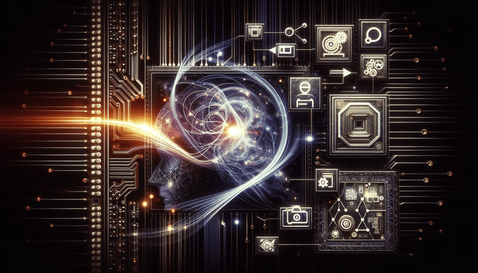 Visualisation abstraite du Model Context Protocol (MCP) : Des lignes de données lumineuses et entrelacées connectant des icônes représentant un cerveau d'IA (Claude) et une palette de design (Canva), le tout sur un fond de circuit imprimé stylisé. Met en avant la sécurité et l'efficacité des transferts.