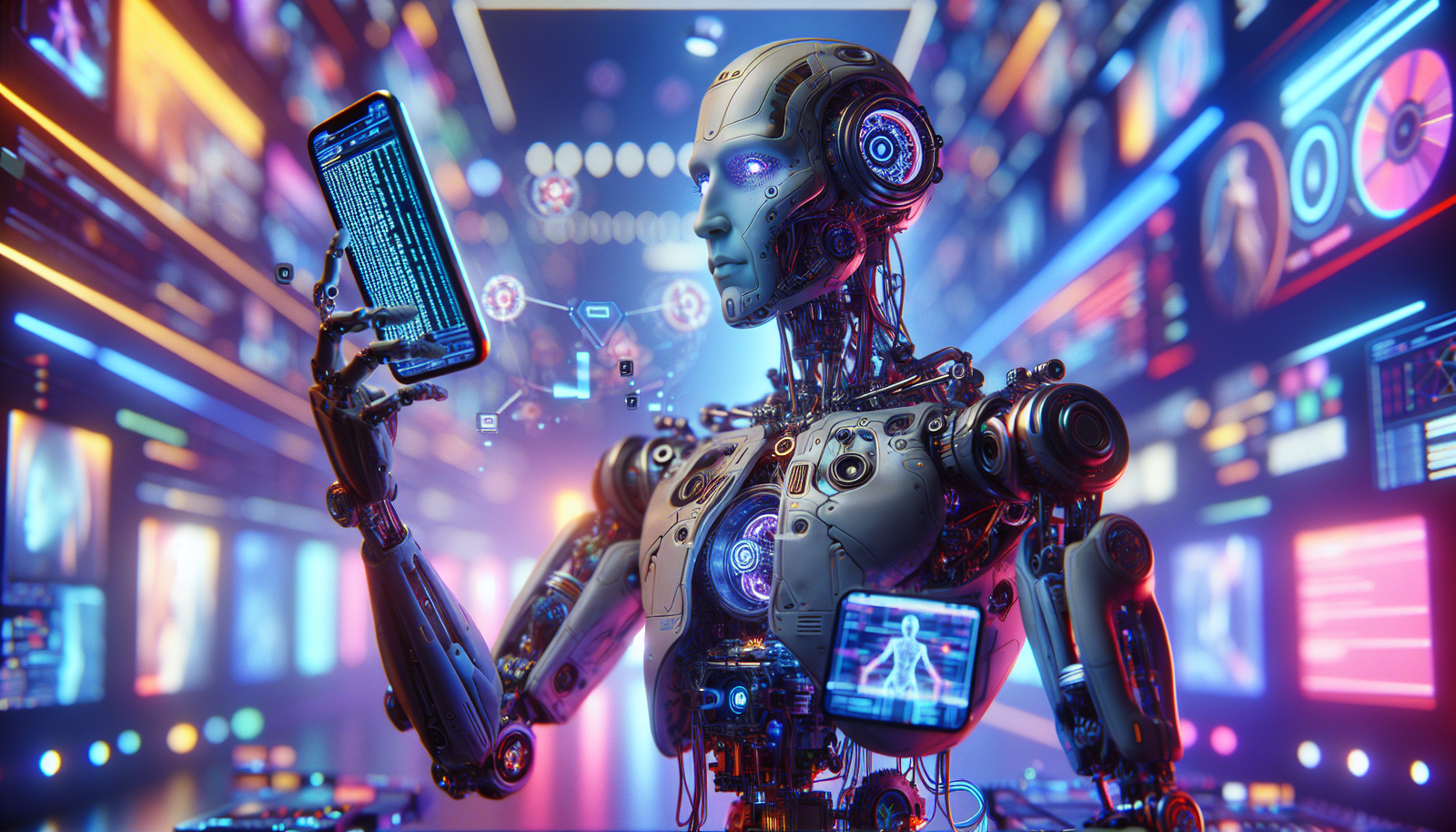 Un robot IA stylisé avec des engrenages visibles, tenant une multitude d'outils numériques (clavier, écran, code) dans un environnement futuriste. Le robot a une posture dynamique, symbolisant l'autonomie et la capacité d'action. Les couleurs sont vives, avec un éclairage néon bleu et violet reflétant la technologie avancée.