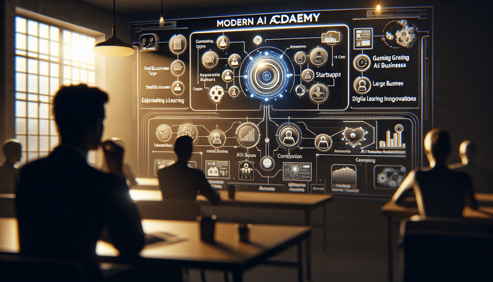 Une interface utilisateur moderne et intuitive de l'Académie de l'IA, montrant des modules de formation gamifiés sur l'intelligence artificielle, avec des icônes représentant différents types d'entreprises (PME, start-ups, grands groupes). Des graphiques interactifs et des schémas explicatifs sont visibles sur l'écran, dans un style futuriste et engageant, symbolisant l'apprentissage et l'innovation numérique.