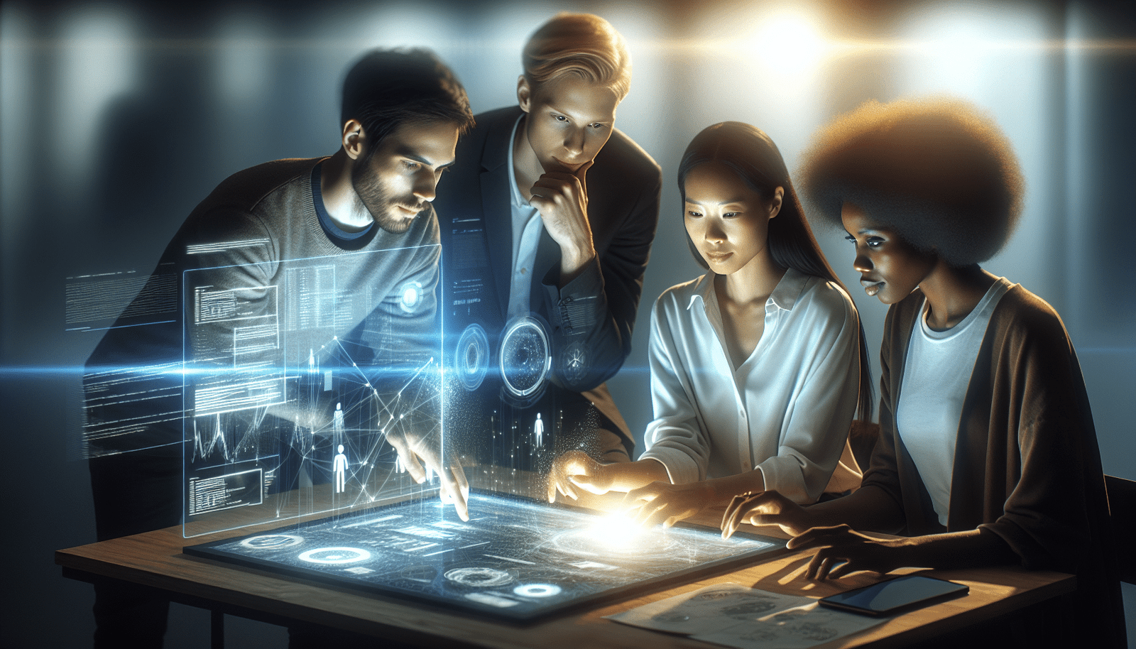 A diverse group of professionals (e.g., project manager, data analyst, creative designer) working collaboratively around a holographic display that projects data, code, and complex diagrams. A subtle, glowing AI interface floats among them, suggesting seamless integration into their workflow. The scene should convey enhanced productivity and innovation. Modern office setting, warm lighting.