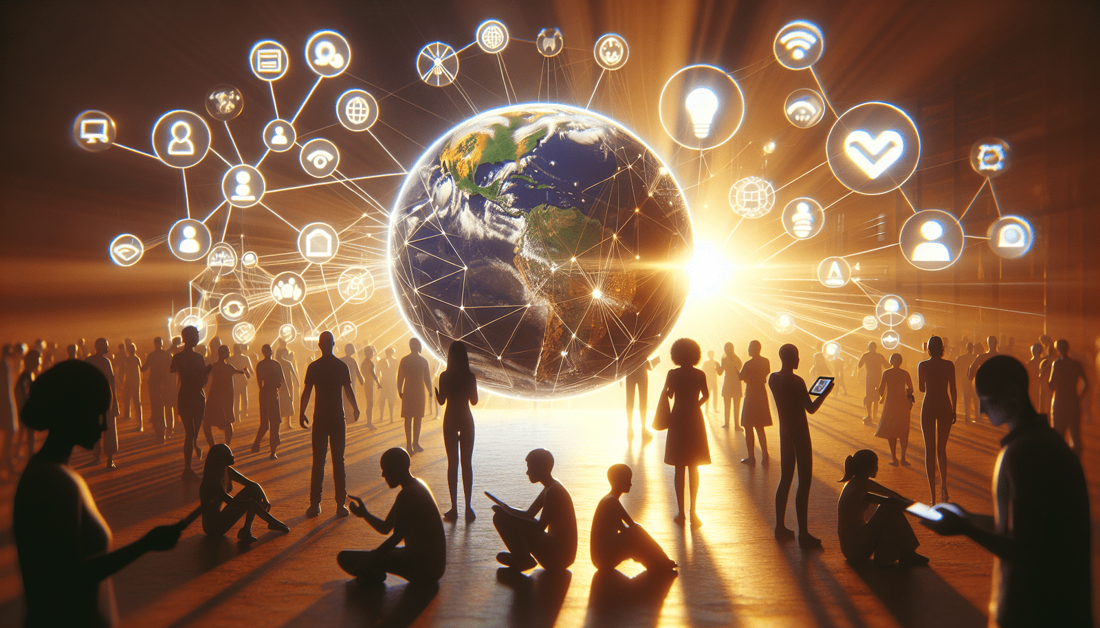 Un globe terrestre stylisé avec des lignes de connexion lumineuses rayonnant vers des icônes de navigation web, de recherche, et de chatbot IA. Des silhouettes d'utilisateurs interagissent avec des écrans holographiques. Thème : l'avenir de l'information en ligne, interconnecté et intuitif.