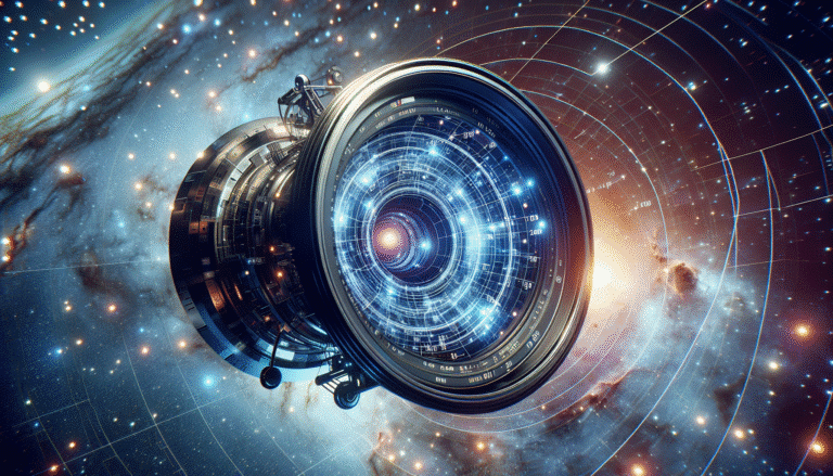 Un télescope spatial futuriste comme Euclid flottant dans l'espace, avec des lignes de données lumineuses et des symboles d'IA s'étendant vers des galaxies lointaines et des lentilles gravitationnelles déformant la lumière. Style cosmique, haute résolution, couleurs vives.
