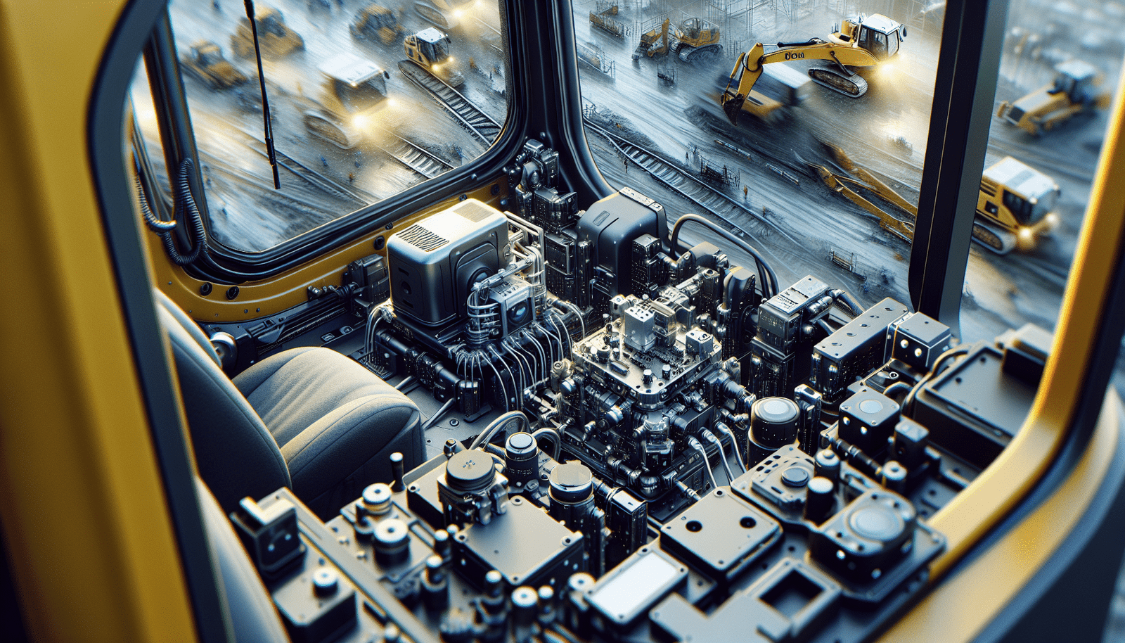 Close-up of an excavator's cabin being outfitted with sleek, modern autonomous sensors. Focus on LiDAR cameras and embedded computing devices being integrated seamlessly. The setting is a bustling construction site with other machinery in the background, but the foreground highlights the intricate technology being installed. Detailed, realistic, industrial design aesthetics.