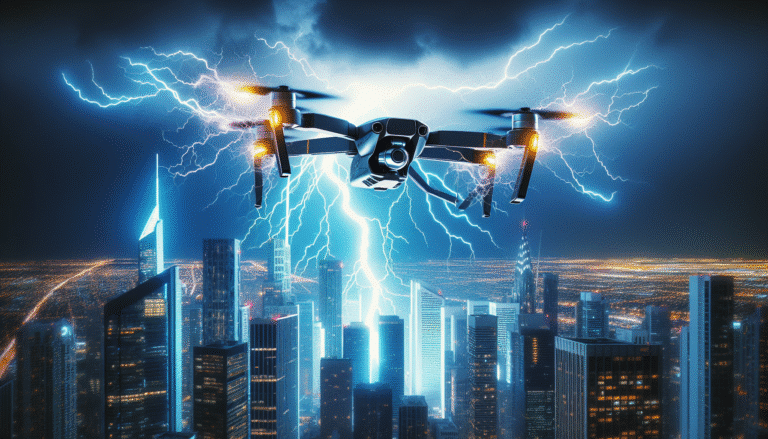 Un drone futuriste en forme d'éclair, volant au milieu d'un orage spectaculaire, capturant l'énergie d'un éclair dans un halo lumineux, avec une ville moderne en arrière-plan. Style numérique, atmosphérique et puissant, couleurs sombres avec des éclairs bleus/violets.