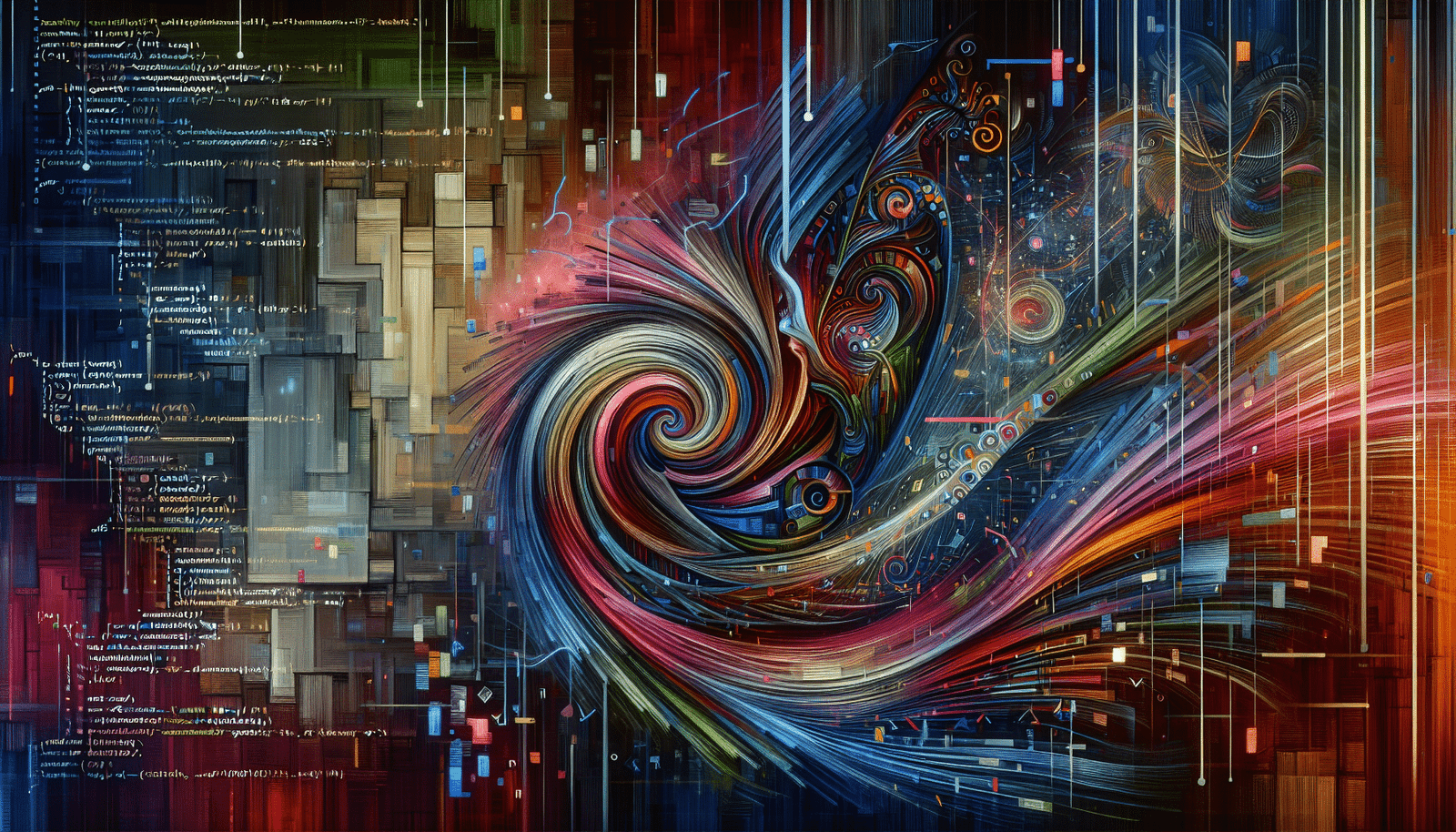 A dynamic visual representation of abstract code lines transforming into a vibrant, original painting, symbolizing Kimi K2's dual prowess in programming and creative writing. The art style is digital, energetic, and visually captivating, with subtle elements of human-AI collaboration.