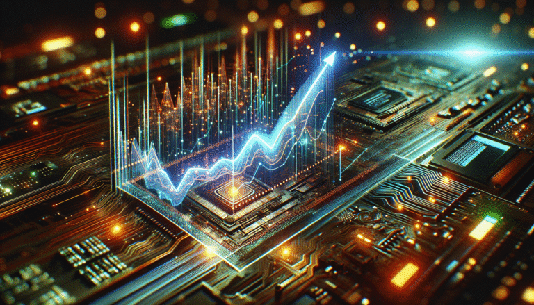 Graphique de croissance des revenus de TSMC sur fond de circuits imprimés lumineux, avec une courbe ascendante spectaculaire. Style futuriste, data visualization dynamique. Couleurs vives et technologie de pointe. Ratio 16:9.