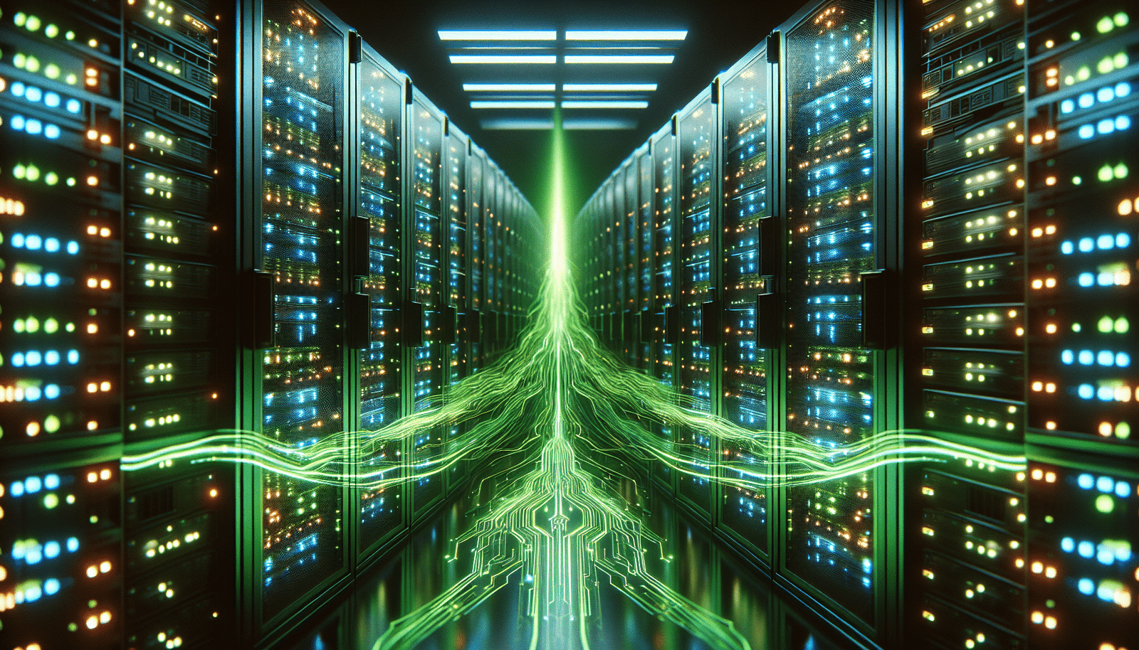 Des serveurs futuristes illuminés en néon, des lignes de code vert fluorescent s'écoulant sur des écrans, symbolisant la puissance de calcul et les revenus générés par les modèles IA d'Anthropic, notamment Claude Code.