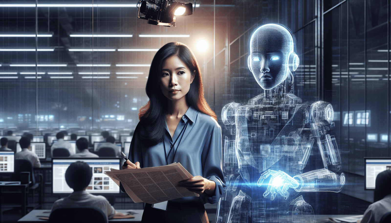 Un journaliste humain et une représentation holographique ou translucide d'une intelligence artificielle (silhouette stylisée d'un robot ou d'un réseau neuronal) collaborant côte à côte devant un grand écran affichant des articles en cours de rédaction dans un bureau de presse moderne. Lumière bleue et ambiance de travail synergique.