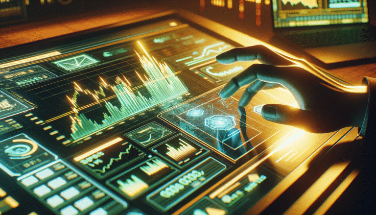A futuristic trading desk with holographic interfaces displaying impressive green upward stock charts, a human hand lightly touching a glowing screen, symbolizing advanced AI finance. The aesthetic is sleek, vibrant, and slightly cyberpunk, highlighting innovation and prosperity.