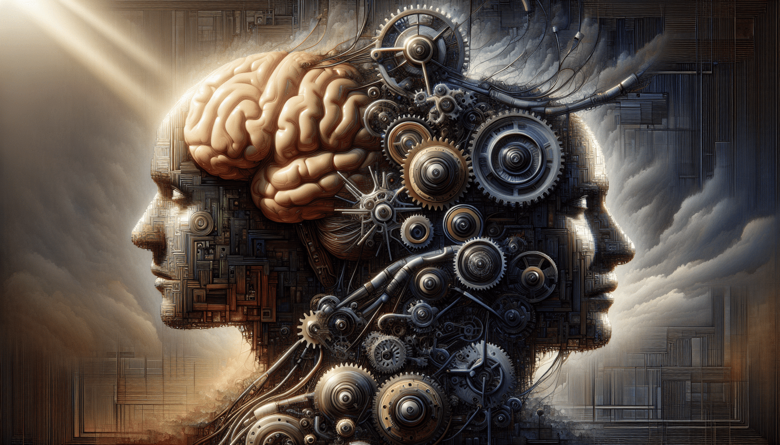 A dynamic, abstract representation of human brains and robotic gears intertwining, symbolizing the collaboration and augmentation between human journalists and AI in a modern newsroom. Bright, optimistic lighting highlights the synergy, not replacement.