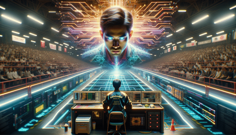 Représentation futuriste d'un duel intense entre un programmeur humain concentré devant son écran et des symboles d'intelligence artificielle (circuits lumineux, code) en arrière-plan, dans une arène de compétition stylisée à Tokyo. Couleurs vives, ambiance high-tech, focalisation sur l'écran de code et les visages concentrés.