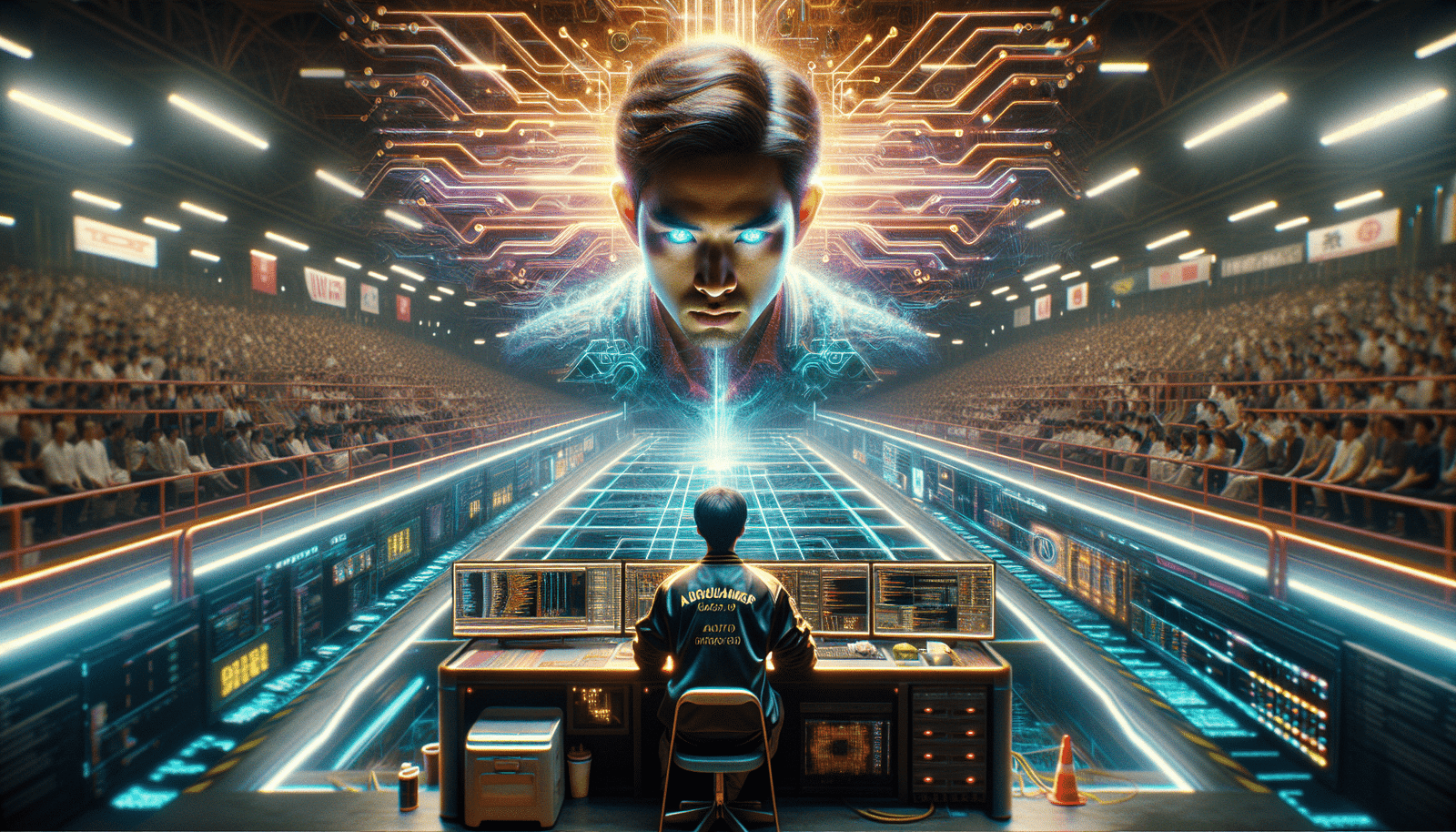 Représentation futuriste d'un duel intense entre un programmeur humain concentré devant son écran et des symboles d'intelligence artificielle (circuits lumineux, code) en arrière-plan, dans une arène de compétition stylisée à Tokyo. Couleurs vives, ambiance high-tech, focalisation sur l'écran de code et les visages concentrés.