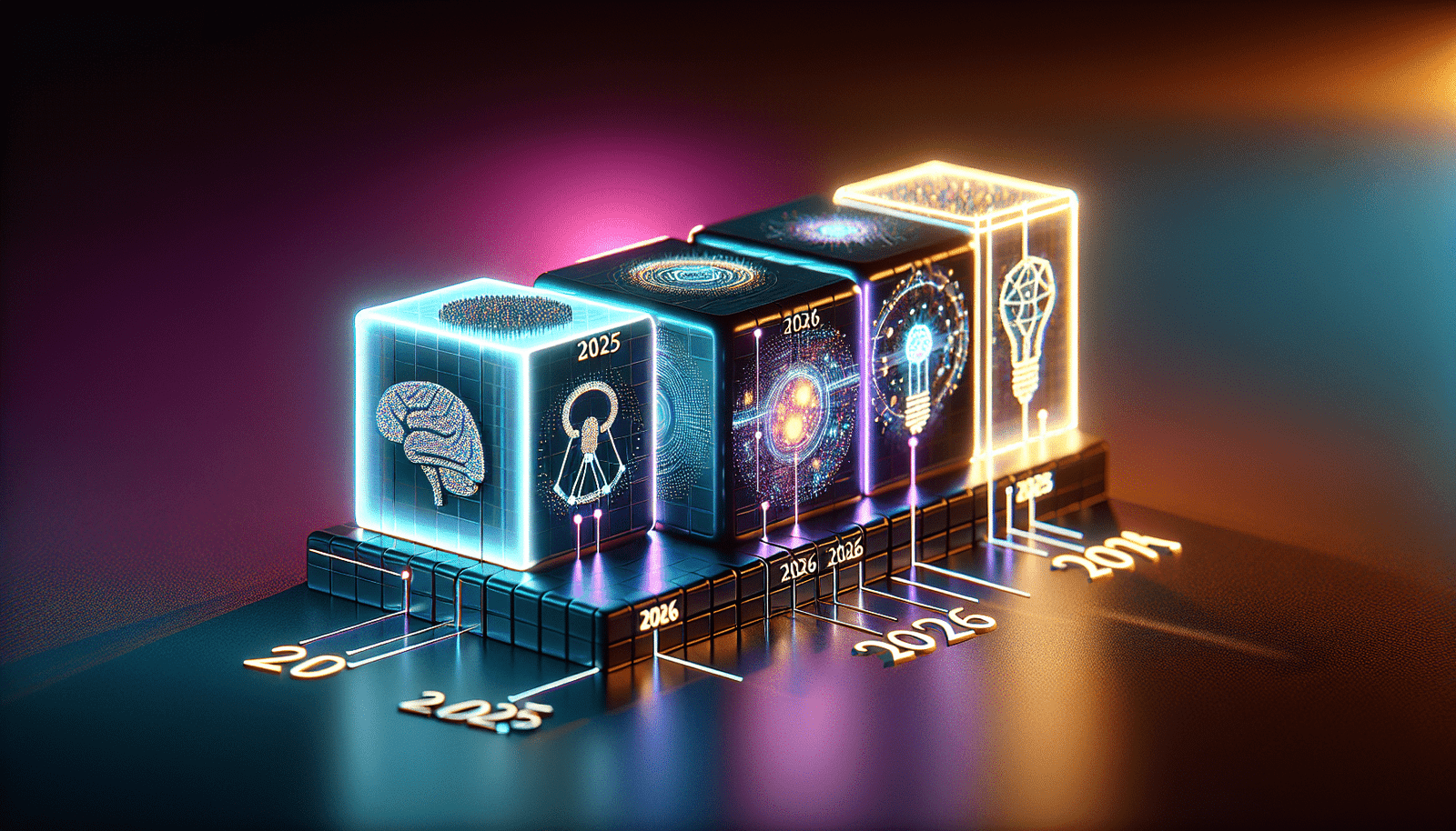 Une frise chronologique épurée et moderne en 3D, où chaque étape est représentée par un cube lumineux. Le premier cube (2025) montre une icône d'assistant IA, le second (2026-2027) une figure apprenant, et le troisième (2027+) une colonne de justice stable soutenue par un réseau neuronal. Couleurs vibrantes et futuristes.