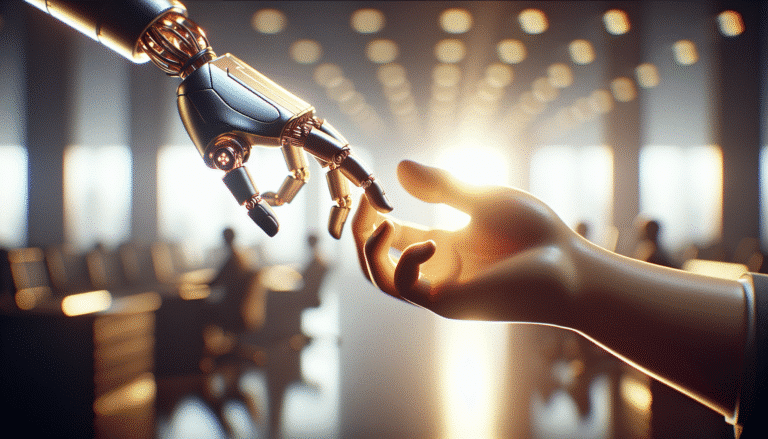 Une main robotique tendue vers une main humaine, symbolisant la collaboration et la transformation du travail. Lumière futuriste, arrière-plan flou de bureaux modernes. Style numérique, couleurs vives, focalisation sur l'interaction.