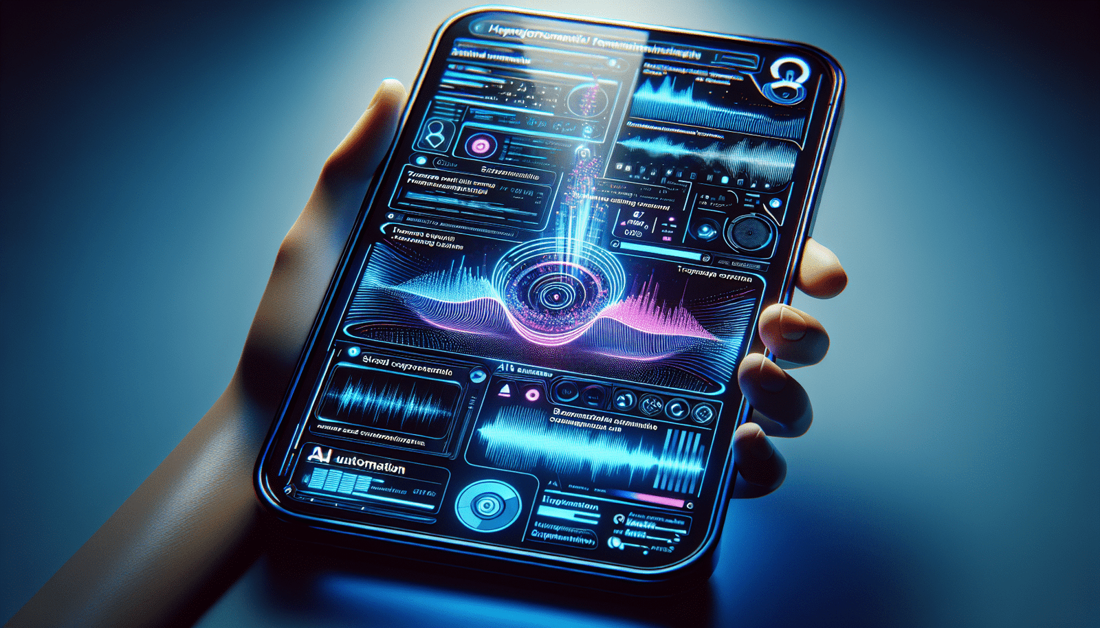 Une interface utilisateur futuriste et épurée affichant des graphiques d'ondes sonores, des extraits de texte transcrits surlignés, et des icônes d'actions automatiques et de résumés générés par l'IA, le tout dans des tons bleus et violets, représentant la compréhension contextuelle et les fonctionnalités avancées de Voxtral.