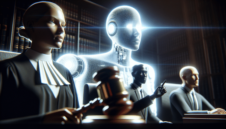 A futuristic courtroom scene with a large, glowing AI model in the background, a judge with a gavel, and lawyers debating. The overall tone is serious and pioneering, representing the legal challenges of AI regulation. Focus on sharp, clear lines and a slightly digital aesthetic.