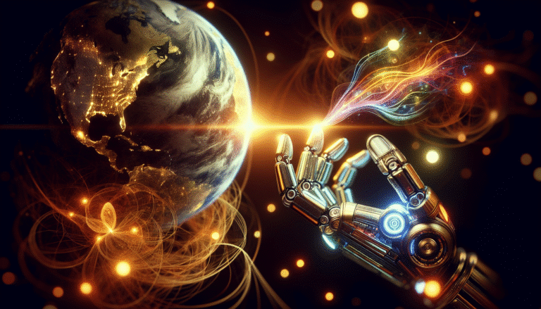 Futuriste, main humaine et main robotique qui interagissent au-dessus d'un globe terrestre stylisé, des lignes de données lumineuses circulent entre elles, symbolisant l'IA qui agit sur le monde numérique. Couleurs vives, high-tech, ambiance d'innovation.