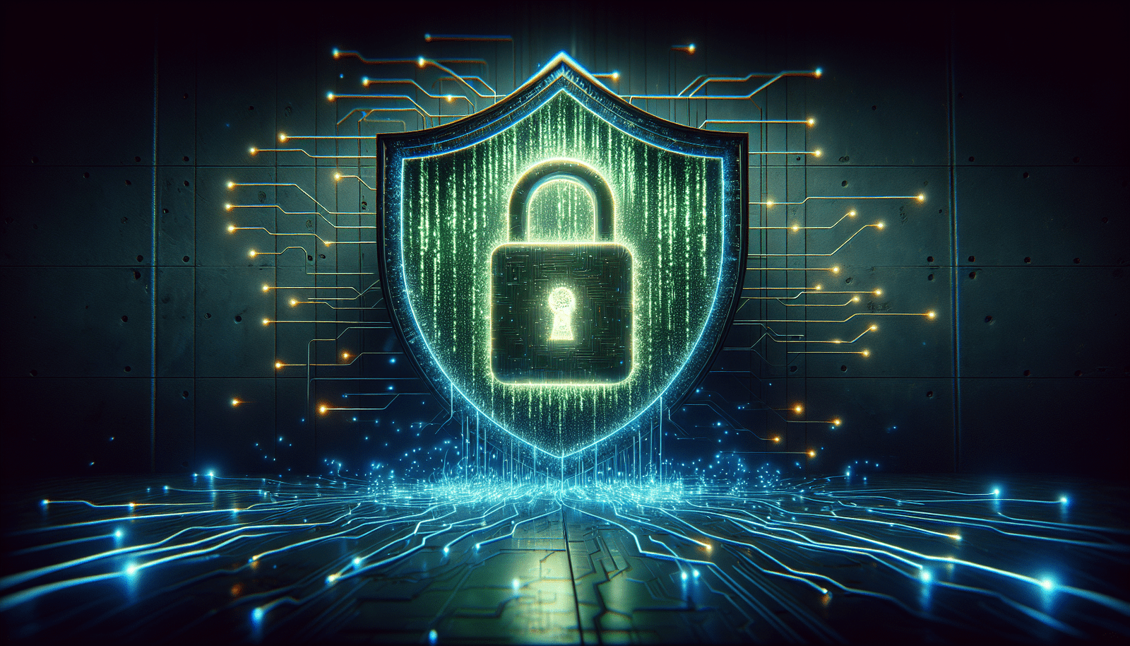 Un cyber-bouclier numérique stylisé, composé de lignes de code vertes lumineuses, protégeant un cadenas géant au centre, sur fond sombre et abstrait. Des éclairs bleus symbolisent la détection proactive et rapide des menaces par l'IA.
