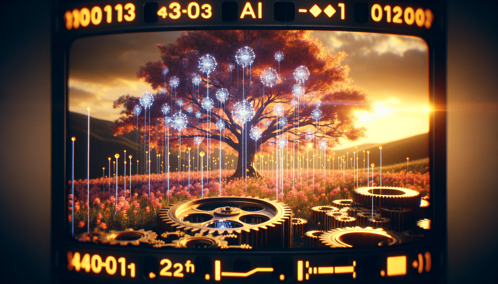 A vibrant, successful AI project depicted as a blossoming tree with glowing data points, sunlight shining on well-organized gears, representing data quality and clear objectives. Bright, optimistic, digital art.