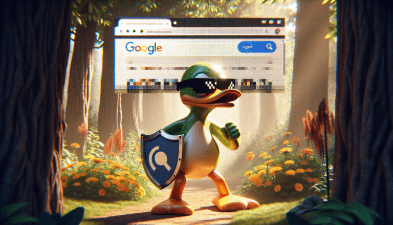 A stylized digital duck, representing DuckDuckGo, wearing sunglasses and holding a shield blocking pixelated AI-generated images. The background is a web browser interface with search results, with a clear distinction between organic and blocked AI content.