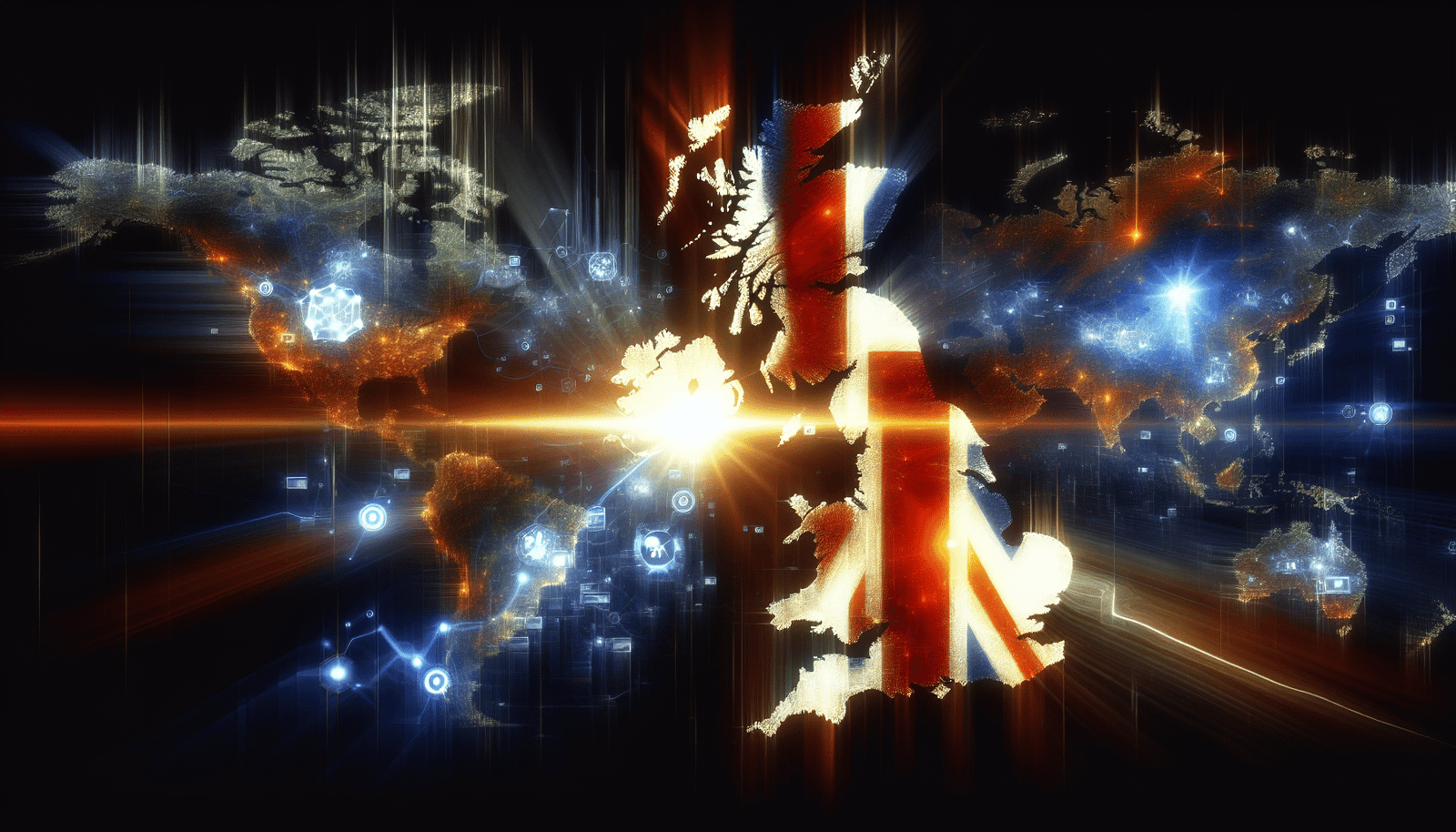 Une carte du monde stylisée avec un point lumineux sur le Royaume-Uni, des flux de données et des icônes d'intelligence artificielle émanant du pays, symbolisant son ambition de devenir un hub mondial de l'IA. Représentation abstraite et dynamique, mettant en avant le leadership et l'innovation technologique à l'échelle globale.