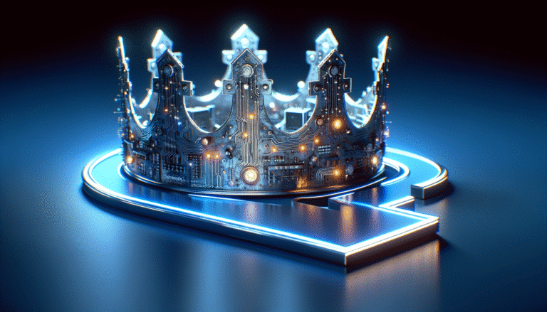 A futuristic digital crown made of glowing circuits and data streams, resting on a stylized "R1" logo. The background is a subtle, deep blue, representing advanced technology and efficiency. Emphasize light and intricate details of the circuits.