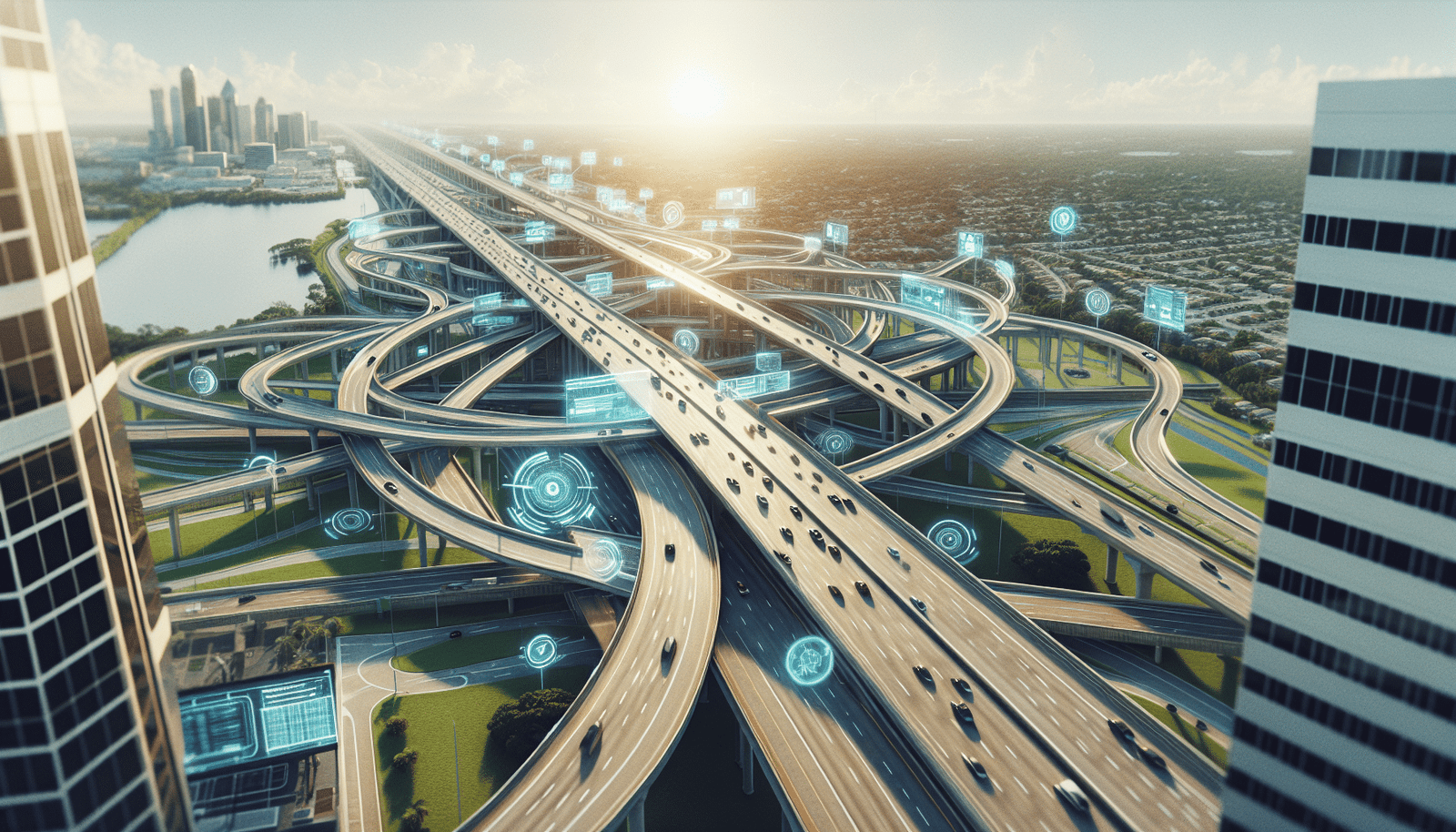 A dynamic overhead view of a smart highway interchange in Florida, with digital overlays showing real-time data flow, optimized routes, and interconnected sensors, representing a successful AI traffic management system. Bright, sunny, futuristic feel, cars flowing smoothly.